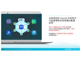 © 2024 Palo Alto Networks, Inc. All rights reserved. Proprietary and confidential information.
© 2023 Palo Alto Networks, Inc. All rights reserved. Proprietary and confidential information.
© 2025 Palo Alto Networks, Inc. All rights reserved. Proprietary and confidential information.
具有 AI 驅動的第三方整合的互連
SaaS 生態系統會產生安全漏洞，使檢
測和控制複雜化。
這會導致安全漏洞和不遵守法規要求
的風險增加。
Weekly Team Meeting
Ralph Duncan
Good Morning. Welcome to this week’s team morning. First off, I’d like to
congratulate everyone. All of our efforts and hard work has paid off. We reached our
goal and sold $10 million the last quarter of 2024. Congratulations!
Ralph Duncan
We also closed a big deal in Canada last week. Everything’s looking good.
Hyun-Jae, how’s our client in Japan?
Su Hyun-Jae
We’re experiencing little hiccups Ralph. The last time I talked to the Marketing
Team they are coming up with solutions on how to solve this problem. They are
looking into rebrand our Japan client. But I have to follow them up on that.
Mitchel should get the details about an upcoming launch this Thursday.
AI Meeting Assistant Notes Search
Home
My Conversations
Groups
General
Marketing
Product design
Sales
Support
Direct Messages
Steven
Charlies
James
Folders
Edit
Record
未檢測到的 GenAI 外掛程式
可能會導致未經授權的數據
訪問
 