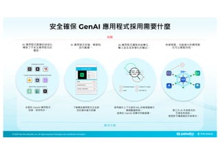 © 2025 Palo Alto Networks, Inc. All rights reserved. Proprietary and confidential information.
© 2023 Palo Alto Networks, Inc. All rights reserved. Proprietary and confidential information.
© 2025 Palo Alto Networks, Inc. All rights reserved. Proprietary and confidential information.
安全確保 GenAI 應用程式採用需要什麼
快速發展、功能強大的應用程
式可以輕鬆存取。
第三方 AI 外掛程式的
可視性和控制。
檢測許可權過高的外掛程式。
PASSWORDS
SSN
CREDIT CARD
SECRETS
AI 應用程式攝取非結構化
輸入並生成多樣化的輸出。
使用基於上下文感知 ML 的檢測器進行
精細數據控制。
能夠在 GenAI 回應中防範威脅。
全面的 GenAI 應用程式
目錄，保持同步。
AI 應用程式創建的自由化
導致了不安全應用程式的
蔓延。
PRODUCTIVITY
CODE ASSISTANTS/GENERATORS
WRITING ASSISTANTS
PP
AI 應用程式存儲、學習和
迭代數據。
了解哪些應用程式正在對
您的資料進行訓練
GenAI APP
HIGH
NO
YES
RISK
ENCRYPTION
MODEL TRAINING
挑戰
解決方案
 