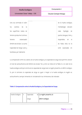 Huella Ecológica
Universidad César Vallejo - CIS
Computación I
Claudia Carbajal Arteaga
Página--------->8
Una vez estimado el valor de la huella ecológica,
los autores de la metodología calculan
las superficies reales de cada tipología de
terreno productivo (cultivos, pastos, bosques, mar y
terreno urbanizado) disponibles en el
ámbito de estudio. La suma de todos ellos es la
Capacidad de Carga Local y está expresada en
hectáreas por habitante.
La comparación entre los valores de la huella ecológica y la capacidad de carga local permite conocer
el nivel de autosuficiencia del ámbito de estudio. Tal y como se indica en la Tabla 3, si el valor de la
huella ecológica está por encima de la capacidad de carga local, la región presenta un déficit ecológico.
Si, por el contrario, la capacidad de carga es igual o mayor a la huella ecológica, la región es
autosuficiente, siempre teniendo en consideración las limitaciones del indicador.
Tabla 3: Comparación entre la Huella Ecológica y la Capacidad de Carga.
Huella Ecológica > Capacidad de
Carga
La región presenta un
déficit ecológico.
 