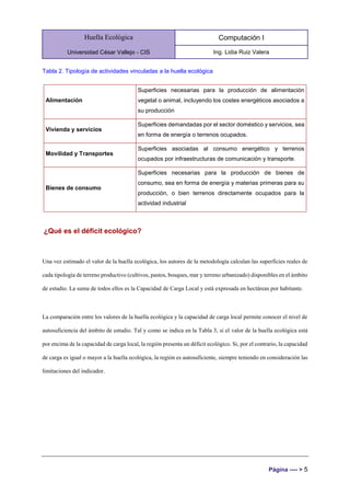 Huella Ecológica
Universidad César Vallejo - CIS
Computación I
Ing. Lidia Ruiz Valera
Página ---- > 5
Tabla 2. Tipología de actividades vinculadas a la huella ecológica
Alimentación
Superficies necesarias para la producción de alimentación
vegetal o animal, incluyendo los costes energéticos asociados a
su producción
Vivienda y servicios
Superficies demandadas por el sector doméstico y servicios, sea
en forma de energía o terrenos ocupados.
Movilidad y Transportes
Superficies asociadas al consumo energético y terrenos
ocupados por infraestructuras de comunicación y transporte.
Bienes de consumo
Superficies necesarias para la producción de bienes de
consumo, sea en forma de energía y materias primeras para su
producción, o bien terrenos directamente ocupados para la
actividad industrial
¿Qué es el déficit ecológico?
Una vez estimado el valor de la huella ecológica, los autores de la metodología calculan las superficies reales de
cada tipología de terreno productivo (cultivos, pastos, bosques, mar y terreno urbanizado) disponibles en el ámbito
de estudio. La suma de todos ellos es la Capacidad de Carga Local y está expresada en hectáreas por habitante.
La comparación entre los valores de la huella ecológica y la capacidad de carga local permite conocer el nivel de
autosuficiencia del ámbito de estudio. Tal y como se indica en la Tabla 3, si el valor de la huella ecológica está
por encima de la capacidad de carga local, la región presenta un déficit ecológico. Si, por el contrario, la capacidad
de carga es igual o mayor a la huella ecológica, la región es autosuficiente, siempre teniendo en consideración las
limitaciones del indicador.
 
