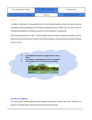 Universidad César Vallejo Los Recursos Naturales Computación I
Centro de informática y sistemas del Perú Nicole Marrufo Abanto
El hierro
Se explota en Marcona en el departamento de Ica, allí se obtiene minerales de hierro de baja ley, que son
procesadas en la Planta Metalúrgica de San Nicolás, obteniéndose el hierro Pellets, parte del cual se envía a la
Siderúrgica de Chimbote y a la Siderúrgica de Pisco, el resto se destina a la exportación.
Otros recursos minerales de la costa.- Tenemos además una gran variedad de minerales no metálicos como los
que se extraen de las canteras y se utiliza en la fabricación de cemento. Son importantes las canteras de Atocongo
y Chilca, en Lima.
Los Recursos Vegetales
En la costa peruana tenemos algunos recursos vegetales de importancia, destacan entre ellos: utilizados en la
industria de curtiembres por la apreciable cantidad de tanino que contiene.
 