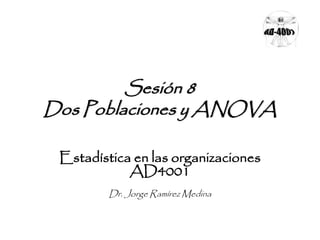 Sesión 8 
Dos Poblaciones y ANOVA 
Estadística en las organizaciones 
AD4001 
Dr. Jorge Ramírez Medina 
 