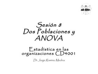 Sesión 8
Dos Poblaciones y
ANOVA
Estadística en las
organizaciones CD4001
Dr. Jorge Ramírez Medina

 