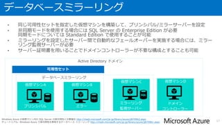 仮想マシンのSLAについての注意
• 仮想マシンのSLAでは、同じ可用性セットかつ同じ負荷分散セットにデプロイ
した2つ以上のインスタンスがある場合に限り、外部接続可能な状態が
99.95%を下回ると返金対象となる
• 可用性セットに1台のみデプロイした構成でも動作させることは可能であるが、
この構成で利用した場合はSLAは適用されない
• 複数台の仮想マシンのインスタンスで SQL Server を構築する場合、データ
ベースミラーリングや AlwaysOn 可用性グループ等を使用して冗長化を行う
17
 
