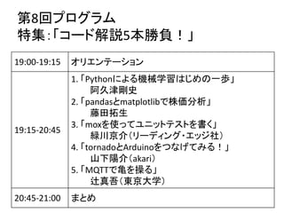 第8回プログラム
特集：「コード解説5本勝負！」
19:00-19:15 オリエンテーション
19:15-20:45
1. 「Pythonによる機械学習はじめの一歩」
阿久津剛史
2. 「pandasとmatplotlibで株価分析」
藤田拓生
3. 「moxを使ってユニットテストを書く」
緑川京介（リーディング・エッジ社）
4. 「tornadoとArduinoをつなげてみる！」
山下陽介（akari）
5. 「MQTTで亀を操る」
辻真吾（東京大学）
20:45-21:00 まとめ
 