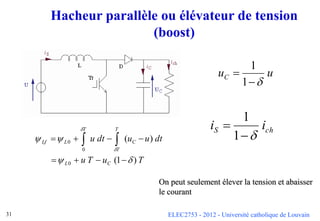 ELEC2753 - 2012 - Université catholique de Louvain
31
Hacheur parallèle ou élévateur de tension
(boost)
T
u
T
u
dt
u
u
dt
u
C
L
C
T
T
T
L
Lf
)
1
(
)
(
0
0
0













 

u
uC



1
1
On peut seulement élever la tension et abaisser
le courant
ch
S i
i



1
1
 