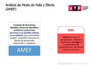 Conjunto de directrices,
Método y forma de identificar
problemas potenciales
(errores) y sus posibles efectos
en un sistema, para priorizarlos
y poder concentrar recursos en
planes de prevención,
supervisión y respuesta.
AMEF
Análisis de Modo de Falla y Efecto
(AMEF)
Manera en que el
componente, sistema o
subsistema, no logra el
cumplimiento de
requerimientos del diseño,
sistema, proceso.
Falla
 