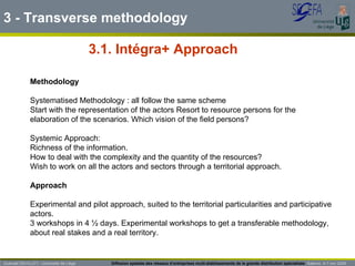 Guénaël DEVILLET– Université de Liège  Diffusion spatiale des réseaux d’entreprises multi-établissements de la grande distribution spécialisée   Salerno  4-7 nov 2009 Methodology Systematised Methodology : all follow the same scheme Start with the representation of the actors Resort to resource persons for the elaboration of the scenarios. Which vision of the field persons?  Systemic Approach:  Richness of the information.  How to deal with the complexity and the quantity of the resources? Wish to work on all the actors and sectors through a territorial approach.  Approach Experimental and pilot approach, suited to the territorial particularities and participative actors. 3 workshops in 4 ½ days. Experimental workshops to get a transferable methodology, about real stakes and a real territory. 3.1. Intégra+ Approach 3 - Transverse methodology 