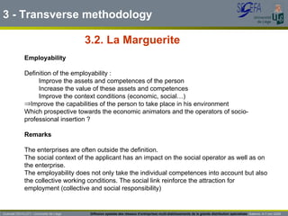 3.2. La Marguerite Guénaël DEVILLET– Université de Liège  Diffusion spatiale des réseaux d’entreprises multi-établissements de la grande distribution spécialisée   Salerno  4-7 nov 2009 Employability   Definition of the employability : Improve the assets and competences of the person Increase the value of these assets and competences Improve the context conditions (economic, social…) Improve the capabilities of the person to take place in his environment Which prospective towards the economic animators and the operators of socio-professional insertion ? Remarks The enterprises are often outside the definition. The social context of the applicant has an impact on the social operator as well as on the enterprise. The employability does not only take the individual competences into account but also the collective working conditions. The social link reinforce the attraction for employment (collective and social responsibility) 3 - Transverse methodology 