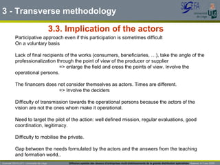 3.3. Implication of the actors 3 - Transverse methodology Guénaël DEVILLET– Université de Liège  Diffusion spatiale des réseaux d’entreprises multi-établissements de la grande distribution spécialisée   Salerno  4-7 nov 2009 Participative approach even if this participation is sometimes difficult On a voluntary basis Lack of final recipients of the works (consumers, beneficiaries, …), take the angle of the professionalization through the point of view of the producer or supplier => enlarge the field and cross the points of view. Involve the operational persons. The financers does not consider themselves as actors. Times are different. => Involve the deciders  Difficulty of transmission towards the operational persons because the actors of the vision are not the ones whom make it operational. Need to target the pilot of the action: well defined mission, regular evaluations, good coordination, legitimacy. Difficulty to mobilise the private. Gap between the needs formulated by the actors and the answers from the teaching and formation world.. 