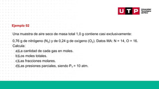 Una muestra de aire seco de masa total 1,0 g contiene casi exclusivamente:
0,76 g de nitrógeno (N2) y de 0,24 g de oxígeno (O2). Datos MA: N = 14, O = 16.
Calcula:
a)La cantidad de cada gas en moles.
b)Los moles totales.
c)Las fracciones molares.
d)Las presiones parciales, siendo PT = 10 atm.
Ejemplo 02
 