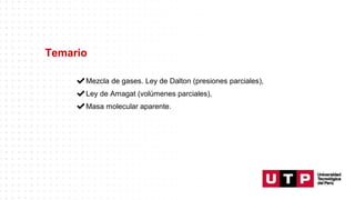 Temario
✔Mezcla de gases. Ley de Dalton (presiones parciales),
✔Ley de Amagat (volúmenes parciales),
✔Masa molecular aparente.
 