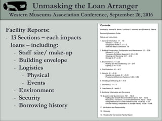 Facility Reports:
- 13 Sections C each impacts
loans C including:
- Staff size/ make-up
- Building envelope
- Logistics
- Physical
- Events
- Environment
- Security
- Borrowing history
Unmasking the Loan Arranger
Western Museums Association Conference, September 26, 2016
 