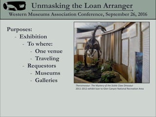 Purposes:
- Exhibition
- To where:
- One venue
- Traveling
- Requestors
- Museums
- Galleries
Unmasking the Loan Arranger
Western Museums Association Conference, September 26, 2016
? Museum of Northern Arizona
Therizinosaur: The Mystery of the Sickle Claw Dinosaur
2011-2012 exhibit loan to Glen Canyon National Recreation Area
 