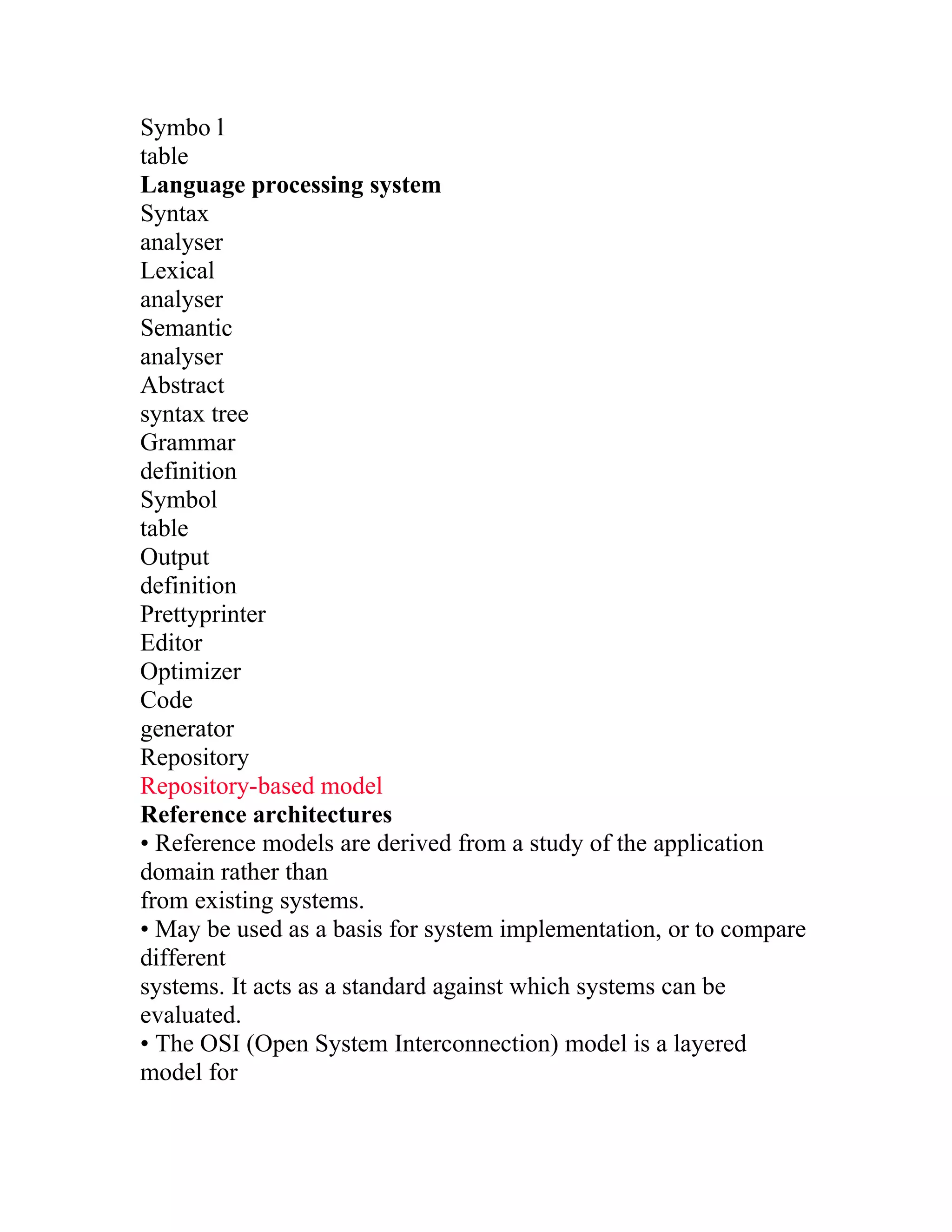 Symbo l
table
Language processing system
Syntax
analyser
Lexical
analyser
Semantic
analyser
Abstract
syntax tree
Grammar
definition
Symbol
table
Output
definition
Prettyprinter
Editor
Optimizer
Code
generator
Repository
Repository-based model
Reference architectures
• Reference models are derived from a study of the application
domain rather than
from existing systems.
• May be used as a basis for system implementation, or to compare
different
systems. It acts as a standard against which systems can be
evaluated.
• The OSI (Open System Interconnection) model is a layered
model for
 