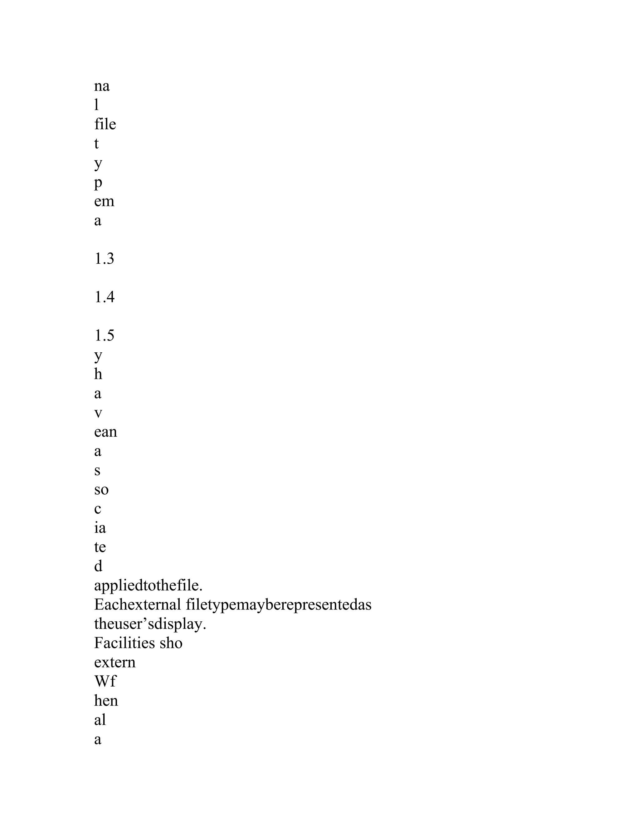 na
l
file
t
y
p
em
a
1.2
1.3
1.2
1.4
1.2
1.5
y
h
a
v
ean
a
s
so
c
ia
te
d
appliedtothefile.
Eachexternal filetypemayberepresentedas
theuser’sdisplay.
Facilities sho
extern
Wf
hen
al
a
 