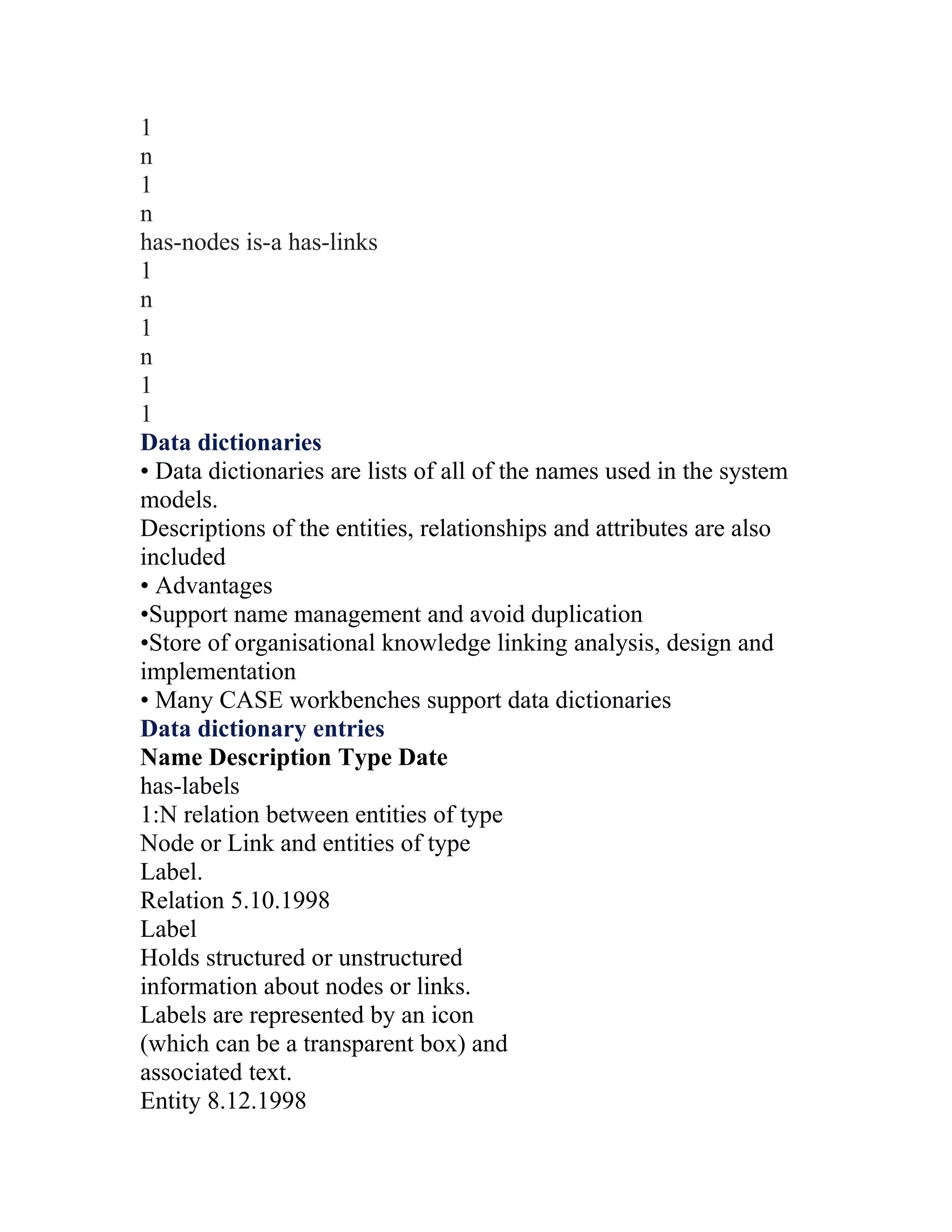 1
n
1
n
has-nodes is-a has-links
1
n
1
n
1
1
Data dictionaries
• Data dictionaries are lists of all of the names used in the system
models.
Descriptions of the entities, relationships and attributes are also
included
• Advantages
•Support name management and avoid duplication
•Store of organisational knowledge linking analysis, design and
implementation
• Many CASE workbenches support data dictionaries
Data dictionary entries
Name Description Type Date
has-labels
1:N relation between entities of type
Node or Link and entities of type
Label.
Relation 5.10.1998
Label
Holds structured or unstructured
information about nodes or links.
Labels are represented by an icon
(which can be a transparent box) and
associated text.
Entity 8.12.1998
 