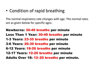 • Condition of rapid breathing
The normal respiratory rate changes with age. The normal rates
are as given below for specific ages:
Newborns: 30-40 breaths per minute
Less Than 1 Year: 30-40 breaths per minute
1-3 Years: 23-35 breaths per minute
3-6 Years: 20-30 breaths per minute
6-12 Years: 18-26 breaths per minute
12-17 Years: 12-20 breaths per minute
Adults Over 18: 12–20 breaths per minute.
 