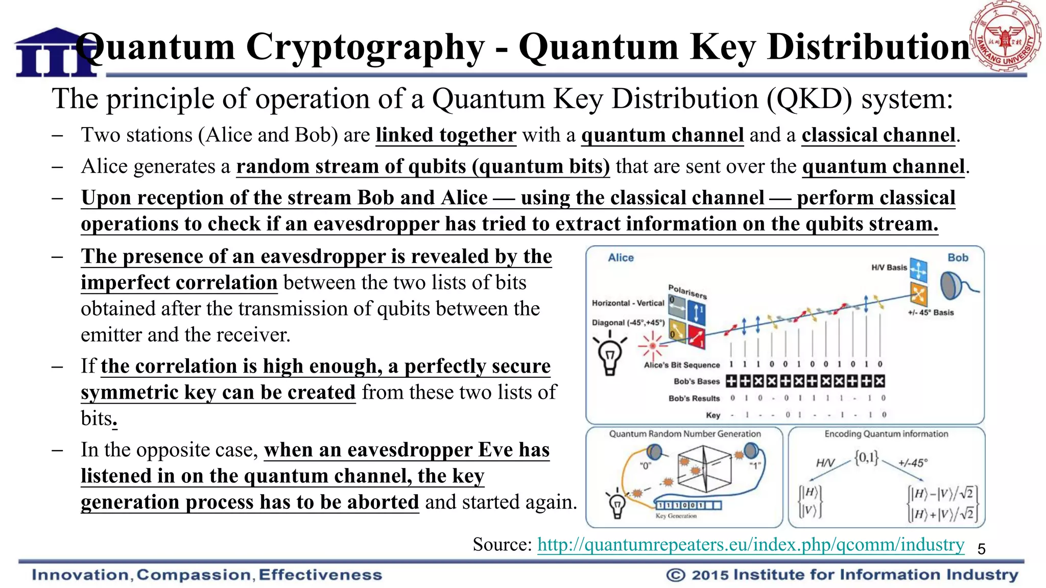 Quantum Cryptography - Quantum Key Distribution
The principle of operation of a Quantum Key Distribution (QKD) system:
 Two stations (Alice and Bob) are linked together with a quantum channel and a classical channel.
 Alice generates a random stream of qubits (quantum bits) that are sent over the quantum channel.
 Upon reception of the stream Bob and Alice — using the classical channel — perform classical
operations to check if an eavesdropper has tried to extract information on the qubits stream.
5
 The presence of an eavesdropper is revealed by the
imperfect correlation between the two lists of bits
obtained after the transmission of qubits between the
emitter and the receiver.
 If the correlation is high enough, a perfectly secure
symmetric key can be created from these two lists of
bits.
 In the opposite case, when an eavesdropper Eve has
listened in on the quantum channel, the key
generation process has to be aborted and started again.
Source: http://quantumrepeaters.eu/index.php/qcomm/industry
 