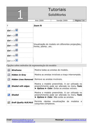 111
Tutoriais
SolidWorks
Ano 2009 Versão 2009 Página 7/30
EE--mmaaiill::aammeerriiccooccoossttaa@@nneett..nnoovviiss..pptt MMeesssseennggeerr:: aammeerriiccooccoossttaa@@nneett..nnoovviiss..pptt
aammeerriiccooggoommeessccoossttaa@@ssaappoo..pptt
f Zoom fit
Ctrl + 1
Visualização do modelo em diferentes projecções,
frente, planta...etc.
Ctrl + 2
Ctrl + 3
Ctrl + 4
Ctrl + 5
Ctrl + 6
Ctrl + 7
Opções sobre métodos de representação do modelo 
Wireframe Mostra todas as arestas do modelo.
Hidden In Gray Mostra as arestas invisíveis a traço interrompido.
Hidden Lines Removed Remove as arestas invisíveis.
Shaded with edges
Mostra o modelo preenchido. A cor utilizada no
preenchimento pode ser alterada no menu Tools
► Options ► Color. Exibe as arestas visíveis.
Shaded
Mostra o modelo preenchido. A cor utilizada no
preenchimento pode ser alterada no menu Tools
► Options ► Color. Não exibe as arestas.
Draft Quality HLR/HLG
Permite rápidas visualizações de modelos e
conjuntos complexos.
 
 
 