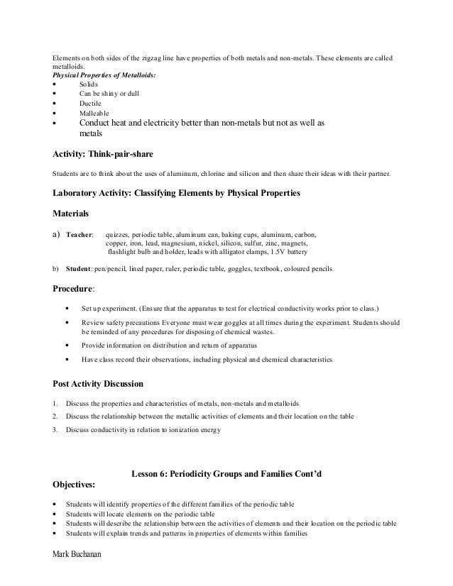 Periodic Table physical properties of elements on the periodic table luster : S1 2 - chemistry and periodic table unit plan