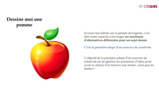 Dessine moi une
pomme
Ici nous travaillons sur la pensée divergente, c’est
dire notre capacité à envisager un maximum
d’alternatives différentes pour un sujet donné.
C’est la première étape d’un exercice de créativité
L’objectif de la première phase d’un exercice de
créativité est de générer un maximum d’idées pour
avoir la chance d’en trouver une bonne ; alors pas de
limites !
 