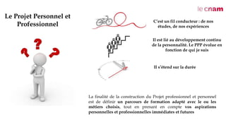 Le Projet Personnel et
Professionnel
C’est un fil conducteur : de nos
études, de nos expériences
Il est lié au développement continu
de la personnalité. Le PPP évolue en
fonction de qui je suis
Il s’étend sur la durée
La finalité de la construction du Projet professionnel et personnel
est de définir un parcours de formation adapté avec le ou les
métiers choisis, tout en prenant en compte vos aspirations
personnelles et professionnelles immédiates et futures
 