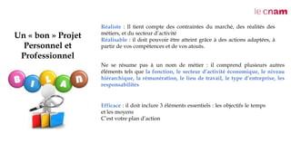 Un « bon » Projet
Personnel et
Professionnel
Réaliste : Il tient compte des contraintes du marché, des réalités des
métiers, et du secteur d’activité
Réalisable : il doit pouvoir être atteint grâce à des actions adaptées, à
partir de vos compétences et de vos atouts.
Ne se résume pas à un nom de métier : il comprend plusieurs autres
éléments tels que la fonction, le secteur d’activité économique, le niveau
hiérarchique, la rémunération, le lieu de travail, le type d’entreprise, les
responsabilités
Efficace : il doit inclure 3 éléments essentiels : les objectifs le temps
et les moyens
C’est votre plan d’action
 