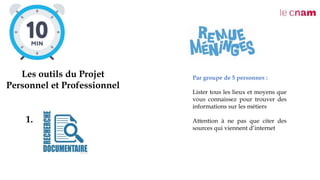 Les outils du Projet
Personnel et Professionnel
Par groupe de 5 personnes :
Lister tous les lieux et moyens que
vous connaissez pour trouver des
informations sur les métiers
Attention à ne pas que citer des
sources qui viennent d’internet
1.
 