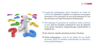  L'approche pédagogique place l’étudiant au centre de
l'action en l'amenant à explorer et à éprouver ses propres
ressources et les ressources de son environnement en vue
de construire un Projet Personnel et Professionnel
 Elle implique la passation de nombreux outils, exercices
et tests dont les résultats constituent le cœur du mémoire
et du poster (situations d'apprentissage expérientielles et
intégratives).
 Des absences répétées pénaliseront donc l’étudiant.
 Outils pédagogiques : récit de vie, études de cas, études
de textes, mises en situation individuelles et collectives,
tests psychométriques…
 
