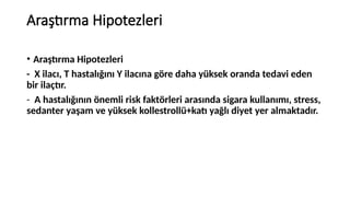 Araştırma Hipotezleri
• Araştırma Hipotezleri
- X ilacı, T hastalığını Y ilacına göre daha yüksek oranda tedavi eden
bir ilaçtır.
- A hastalığının önemli risk faktörleri arasında sigara kullanımı, stress,
sedanter yaşam ve yüksek kollestrollü+katı yağlı diyet yer almaktadır.
 