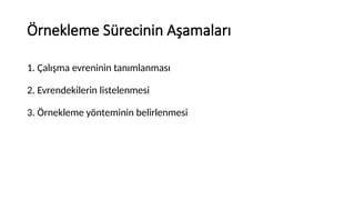 Örnekleme Sürecinin Aşamaları
1. Çalışma evreninin tanımlanması
2. Evrendekilerin listelenmesi
3. Örnekleme yönteminin belirlenmesi
 
