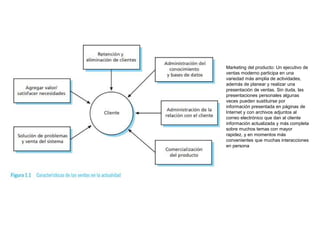 Marketing del producto: Un ejecutivo de
ventas moderno participa en una
variedad más amplia de actividades,
además de planear y realizar una
presentación de ventas. Sin duda, las
presentaciones personales algunas
veces pueden sustituirse por
información presentada en páginas de
Internet y con archivos adjuntos al
correo electrónico que dan al cliente
información actualizada y más completa
sobre muchos temas con mayor
rapidez, y en momentos más
convenientes que muchas interacciones
en persona
 