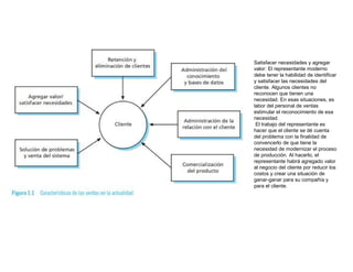 Satisfacer necesidades y agregar
valor: El representante moderno
debe tener la habilidad de identificar
y satisfacer las necesidades del
cliente. Algunos clientes no
reconocen que tienen una
necesidad. En esas situaciones, es
labor del personal de ventas
estimular el reconocimiento de esa
necesidad.
El trabajo del representante es
hacer que el cliente se dé cuenta
del problema con la finalidad de
convencerlo de que tiene la
necesidad de modernizar el proceso
de producción. Al hacerlo, el
representante habrá agregado valor
al negocio del cliente por reducir los
costos y crear una situación de
ganar-ganar para su compañía y
para el cliente.
 