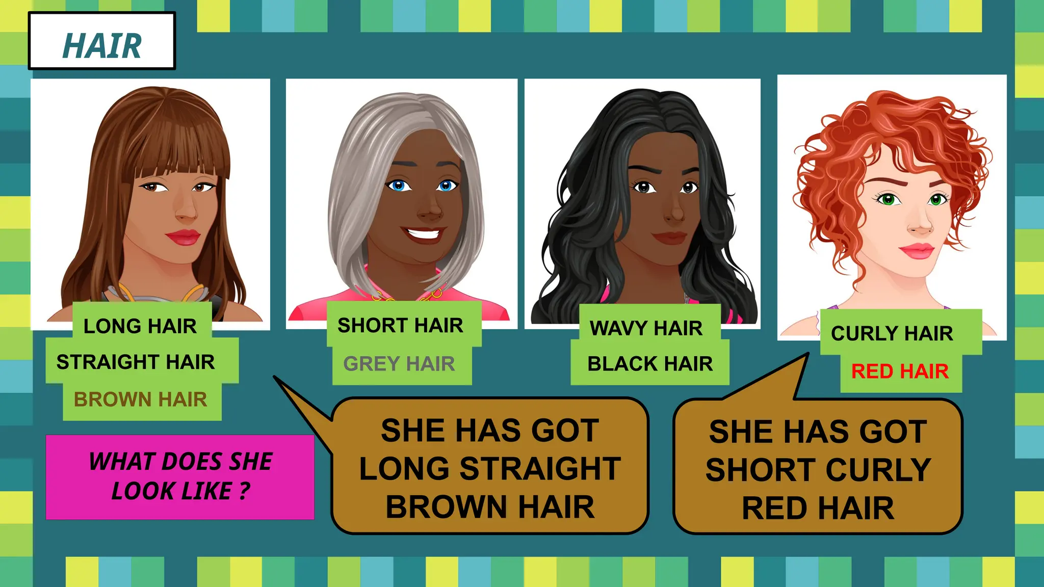 HAIR
LONG HAIR SHORT HAIR CURLY HAIR
STRAIGHT HAIR
WAVY HAIR
BLACK HAIR
BROWN HAIR
RED HAIR
GREY HAIR
WHAT DOES SHE
LOOK LIKE ?
SHE HAS GOT
LONG STRAIGHT
BROWN HAIR
SHE HAS GOT
SHORT CURLY
RED HAIR
 