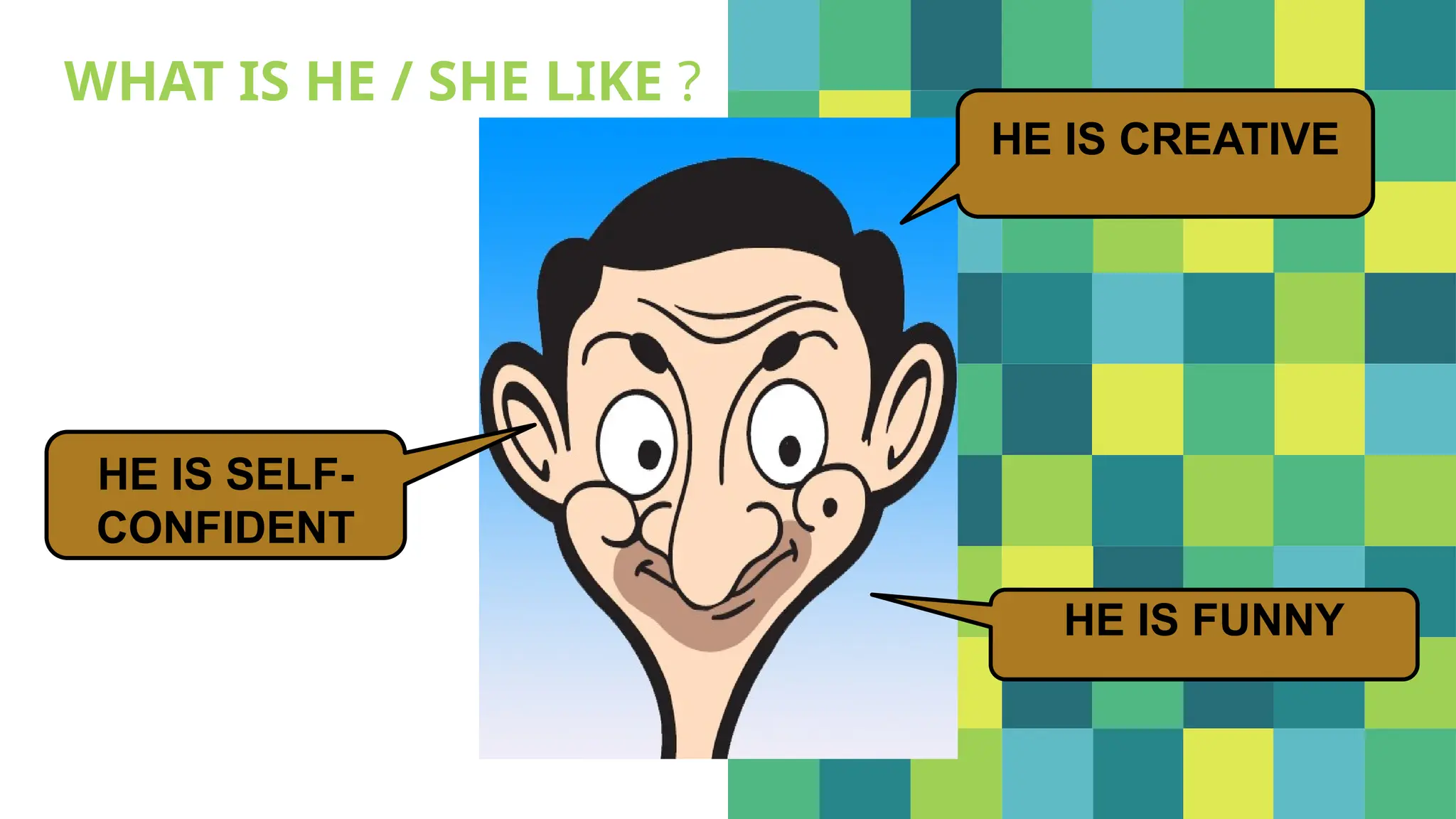 HE IS FUNNY
HE IS SELF-
CONFIDENT
HE IS CREATIVE
WHAT IS HE / SHE LIKE ?
 