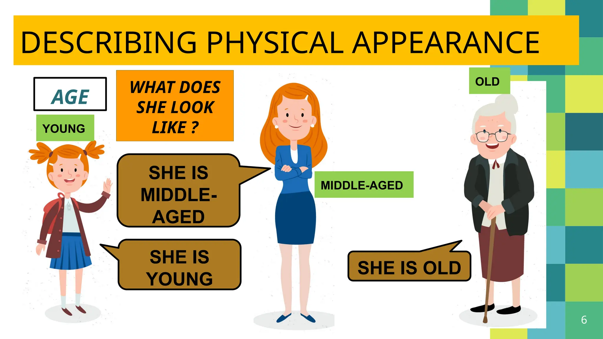 6
DESCRIBING PHYSICAL APPEARANCE
AGE
MIDDLE-AGED
OLD
YOUNG
WHAT DOES
SHE LOOK
LIKE ?
SHE IS
MIDDLE-
AGED
SHE IS
YOUNG
SHE IS OLD
 