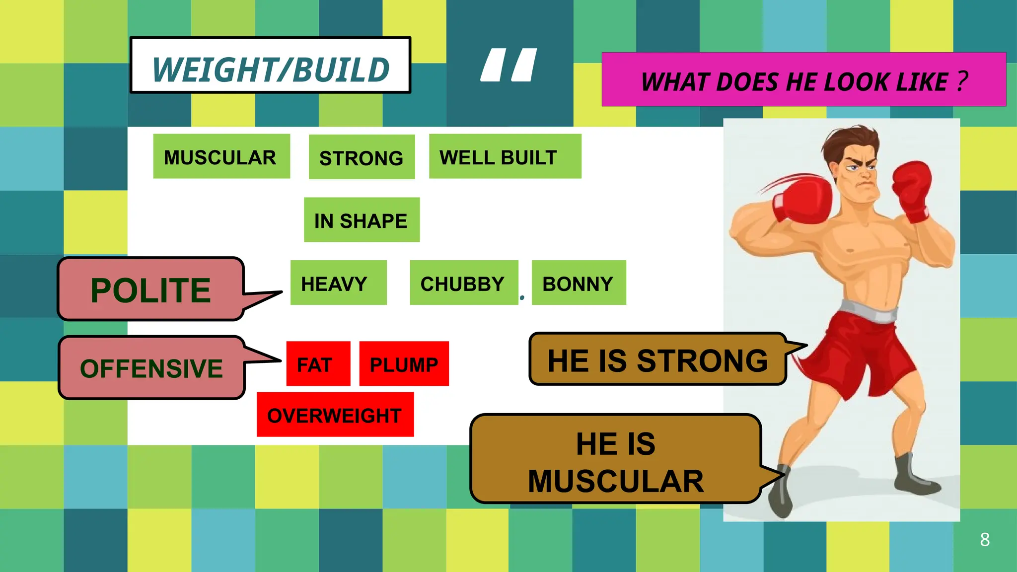 “
.
8
WEIGHT/BUILD
WELL BUILT
MUSCULAR
IN SHAPE
STRONG
FAT
OVERWEIGHT
PLUMP
HEAVY CHUBBY BONNY
POLITE
OFFENSIVE
HE IS
MUSCULAR
HE IS STRONG
WHAT DOES HE LOOK LIKE ?
 