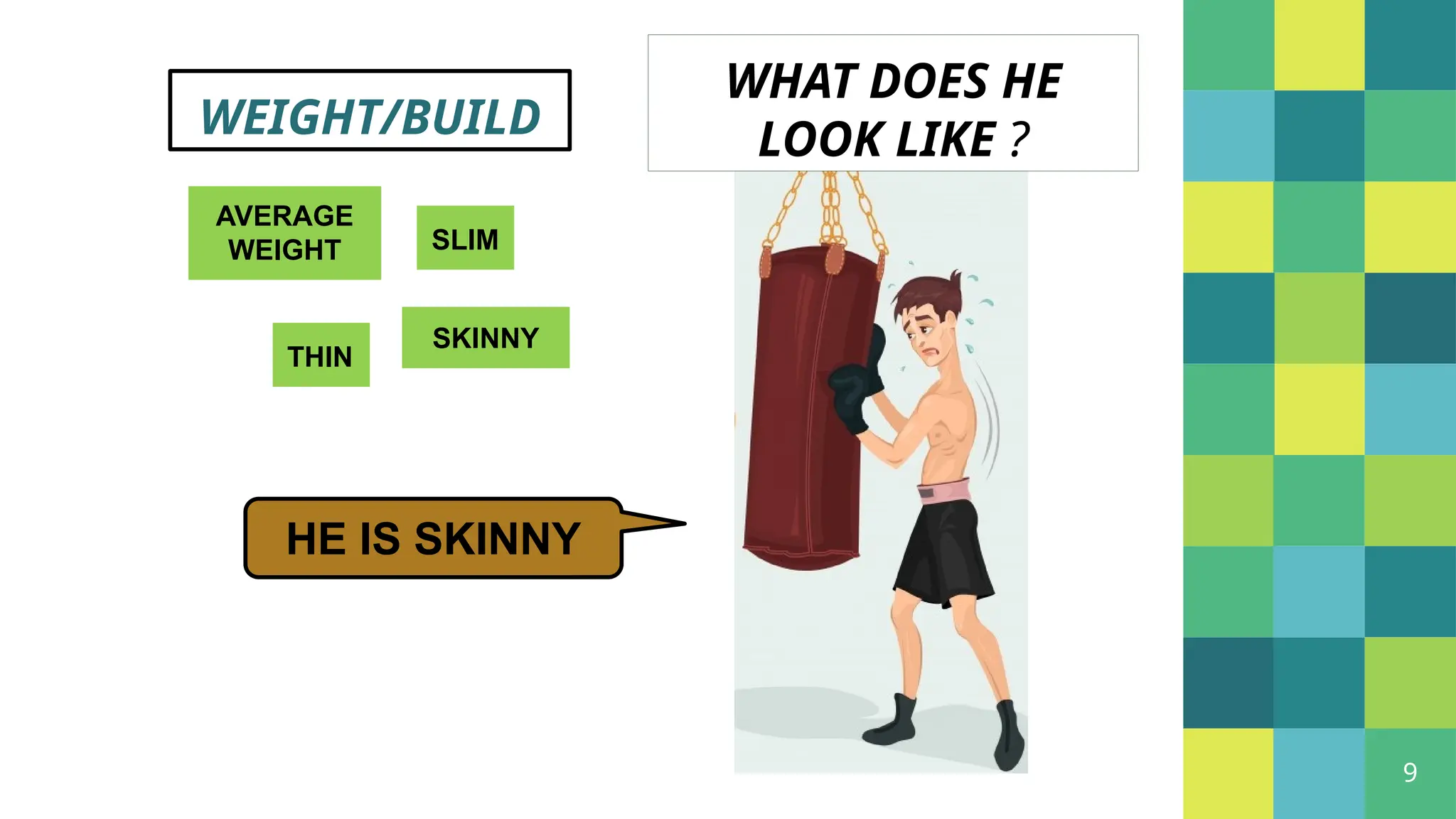 9
WEIGHT/BUILD
SLIM
THIN
AVERAGE
WEIGHT
WHAT DOES HE
LOOK LIKE ?
HE IS SKINNY
SKINNY
 