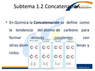 www.lainter.edu.mxwww.lainter.edu.m
x
Subtema 1.2 Concatenación
• En Química la Concatenación se define como
la tendencia del átomo de carbono para
formar enlaces covalentes con
otros átomos de carbono en largas cadenas y
ciclos.
 