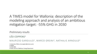 A TIMES model for Wallonia: description of the
modeling approach and analysis of an ambitious
mitigation target: -55% GHG in 2030
Preliminary results
LÉO COPPENS1
MAURIZIO GARGIULO2, MARCO ORSINI3, NATHALIE ARNOULD4
1
1 University of Mons, leo.coppens@umons.ac.be
2 E4SMA
3 ICEDD ABSL
4 Public Service of Wallonia: Energy Department
 