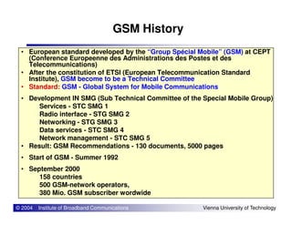 GSM History
• European standard developed by the “Group Spécial Mobile” (GSM) at CEPT
(Conference Europeenne des Administrations des Postes et des
Telecommunications)
• After the constitution of ETSI (European Telecommunication Standard
Institute), GSM become to be a Technical Committee
• Standard: GSM - Global System for Mobile Communications
• Development IN SMG (Sub Technical Committee of the Special Mobile Group)
Services - STC SMG 1
Radio interface - STG SMG 2
© 2004 Institute of Broadband Communications Vienna University of Technology
Radio interface - STG SMG 2
Networking - STG SMG 3
Data services - STC SMG 4
Network management - STC SMG 5
• Result: GSM Recommendations - 130 documents, 5000 pages
• Start of GSM - Summer 1992
• September 2000
158 countries
500 GSM-network operators,
380 Mio. GSM subscriber wordwide
 