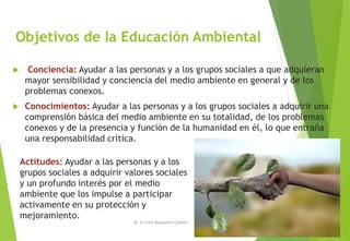 Objetivos de la Educación Ambiental
 Conciencia: Ayudar a las personas y a los grupos sociales a que adquieran
mayor sensibilidad y conciencia del medio ambiente en general y de los
problemas conexos.
 Conocimientos: Ayudar a las personas y a los grupos sociales a adquirir una
comprensión básica del medio ambiente en su totalidad, de los problemas
conexos y de la presencia y función de la humanidad en él, lo que entraña
una responsabilidad crítica.
M. Cs Irma Mostacero Castillo
Actitudes: Ayudar a las personas y a los
grupos sociales a adquirir valores sociales
y un profundo interés por el medio
ambiente que los impulse a participar
activamente en su protección y
mejoramiento.
 
