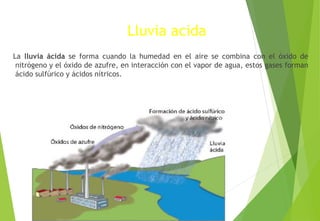 Lluvia acida
La lluvia ácida se forma cuando la humedad en el aire se combina con el óxido de
nitrógeno y el óxido de azufre, en interacción con el vapor de agua, estos gases forman
ácido sulfúrico y ácidos nítricos.
M. Cs Irma Mostacero Castillo
 