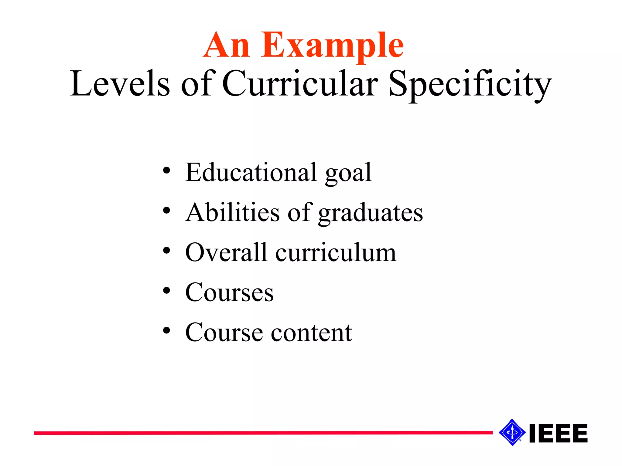 Levels of Curricular Specificity Educational goal Abilities of graduates Overall curriculum Courses Course content An Example 