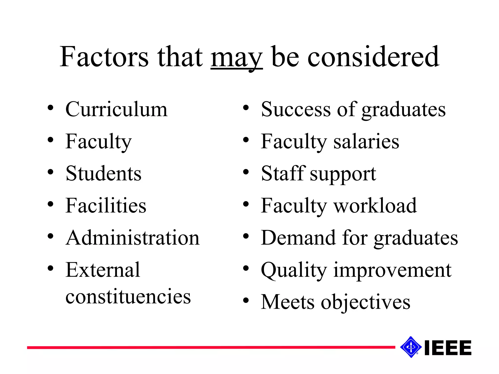 Factors that  may  be considered Curriculum Faculty Students Facilities Administration External constituencies Success of graduates Faculty salaries Staff support Faculty workload Demand for graduates Quality improvement Meets objectives 