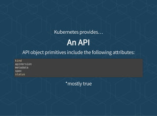 Kubernetes provides…
An API
API object primitives include the following attributes:
*mostly true
kind
apiVersion
metadata
spec
status
 