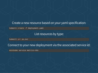 Create a new resource based on your yaml specification:
List resources by type:
Connect to your new deployment via the associated service id:
kubectl create -f deployment.yaml
kubectl get po,svc
minikube service metrics-k8s
 
