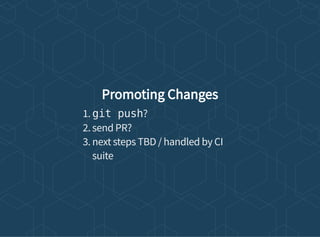 Promoting Changes
1. git push?
2. send PR?
3. next steps TBD / handled by CI
suite
 