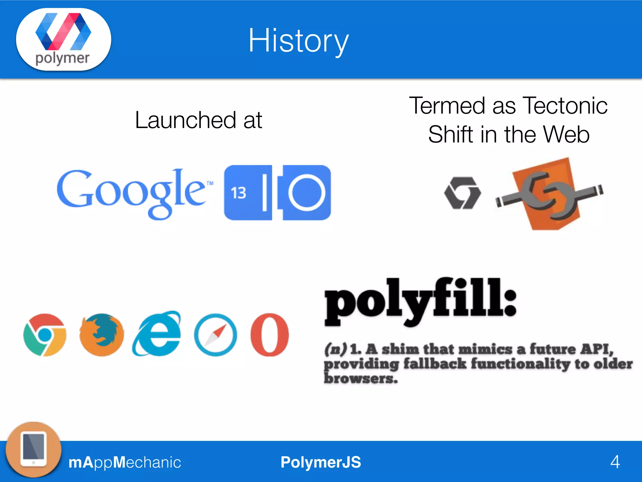 PolymerJSmAppMechanic
History
4
Launched at
Termed as Tectonic
Shift in the Web
 